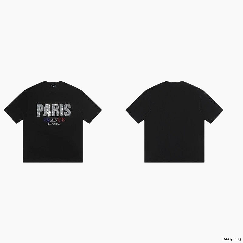 Balenciaga PARIS Rhinestone-Embellished Streetwear Black T-Shirt