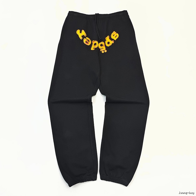Bold Yellow Wordmark Graphics And Cuffed Hems Black Sp5der Logo Sweatpants
