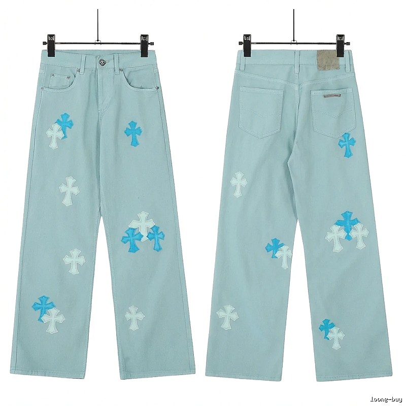 Chrome Hearts Cross Trend Brand Light Blue Jeans