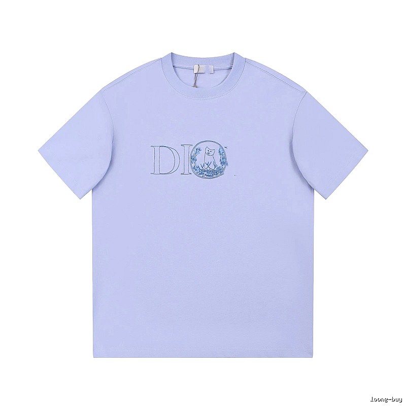 Dior Cat-Embroidered Casual Light Purple Short-sleeve T-Shirt