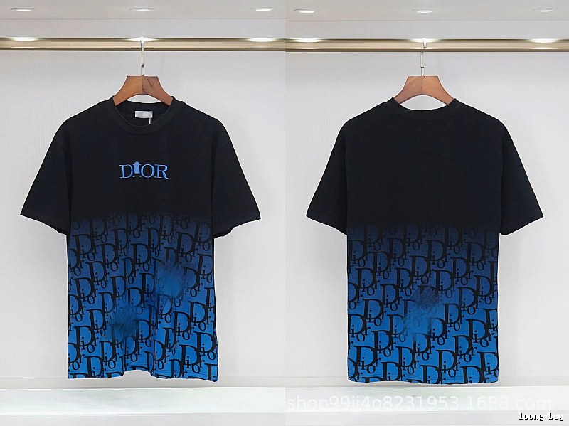 Dior Classic Monogram Trendy Style Black-Blue Gradient T-Shirt