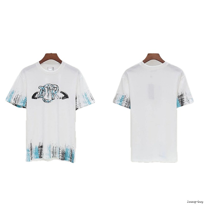 Dior Graffiti Collection Street Style White and Blue Short-sleeve T-shirt