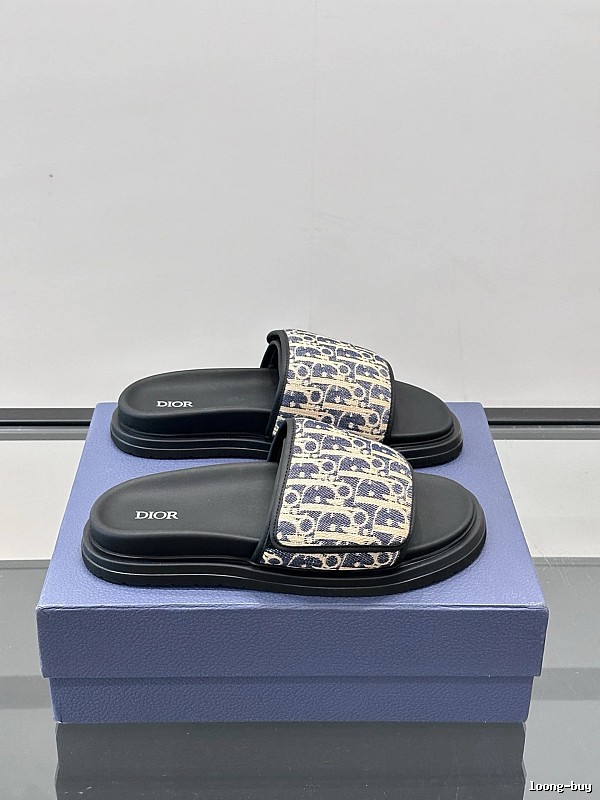 Dior Oblique Collection Light Luxury Style Blue-Black Colorblock Slide Sandals