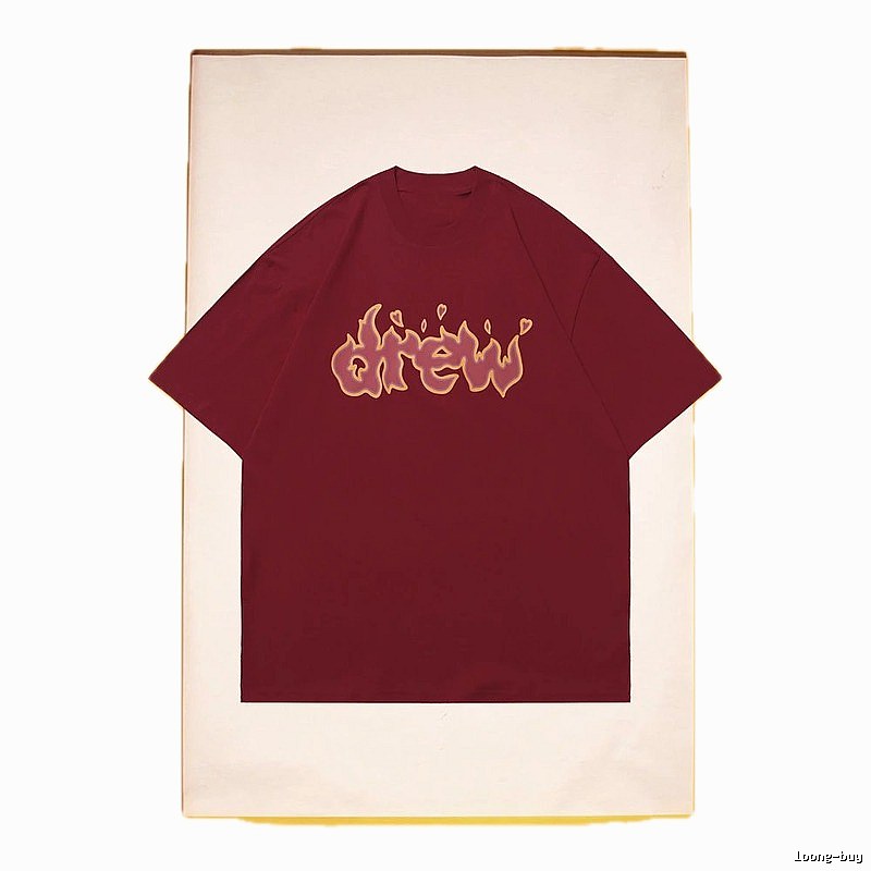 DREW Flame Heart Street Style Burgundy Short Sleeve T-Shirt