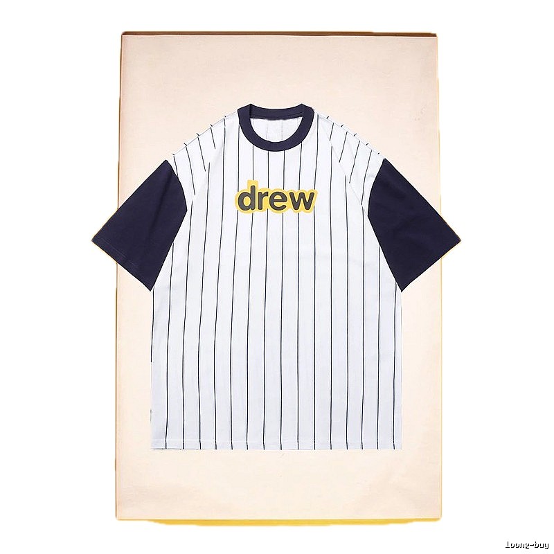 DREW Letter Print Street Style White and Navy Blue Short Sleeve T-Shirt
