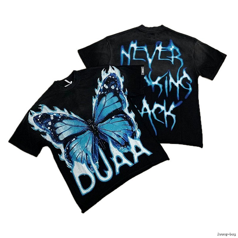 DUAA Butterfly Street Style Black and Blue Short Sleeve T-shirt