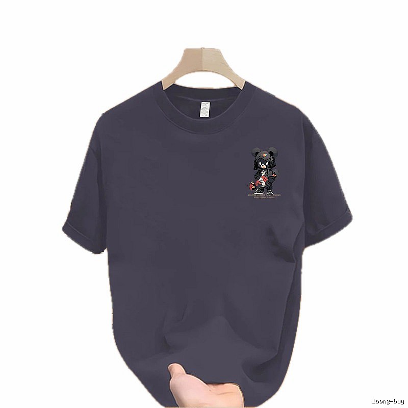 Gray-Blue Guochao Techwear Street Style T-Shirt with Bear Print