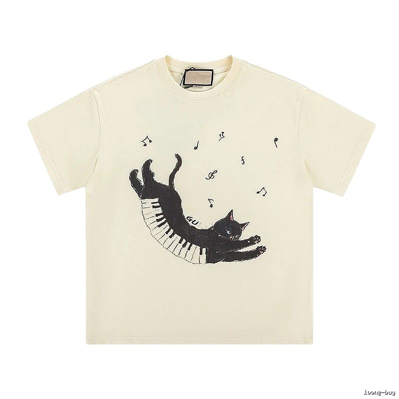 Gucci Black Cat Print Casual Off-White T-Shirt