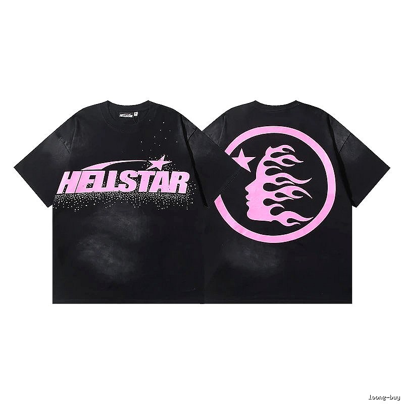 Hellstar Flame Print Street Style Black and Pink T-shirt