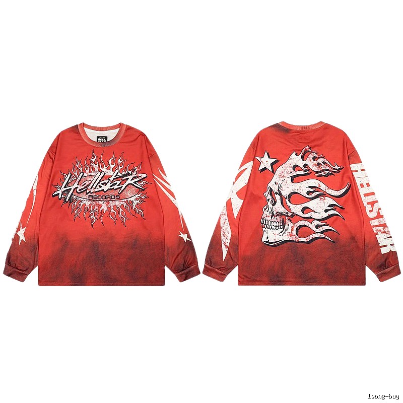 Hellstar Skull Flame Street Style Red Long Sleeve T-shirt