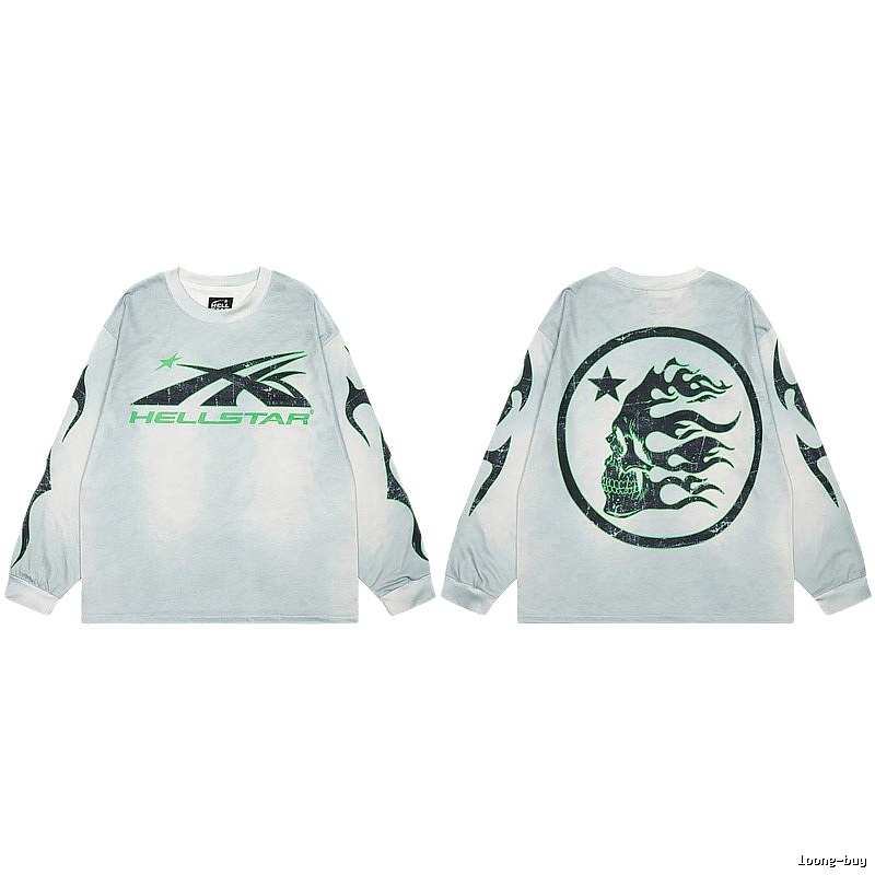 Hellstar Skull Print Street Style Light Gray Long Sleeve T-Shirt