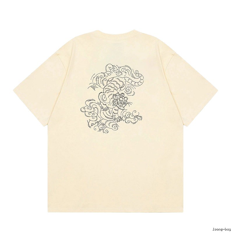 KENZO Auspicious Cloud Tiger Embroidery Chinese Style Beige Apricot Short Sleeve T-Shirt