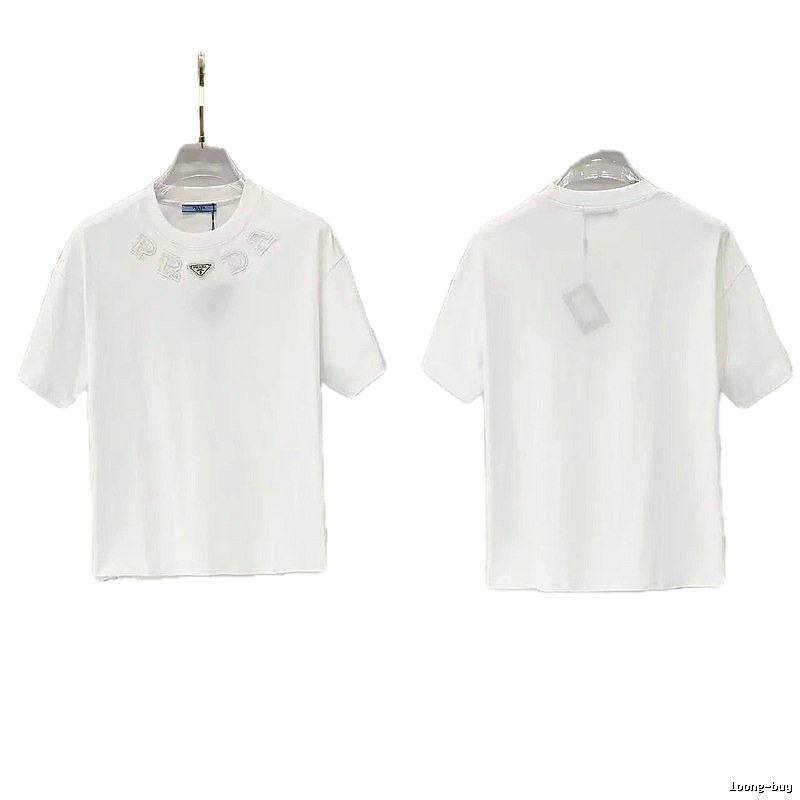 Prada Embroidered Minimalist Style White Short-sleeved T-shirt