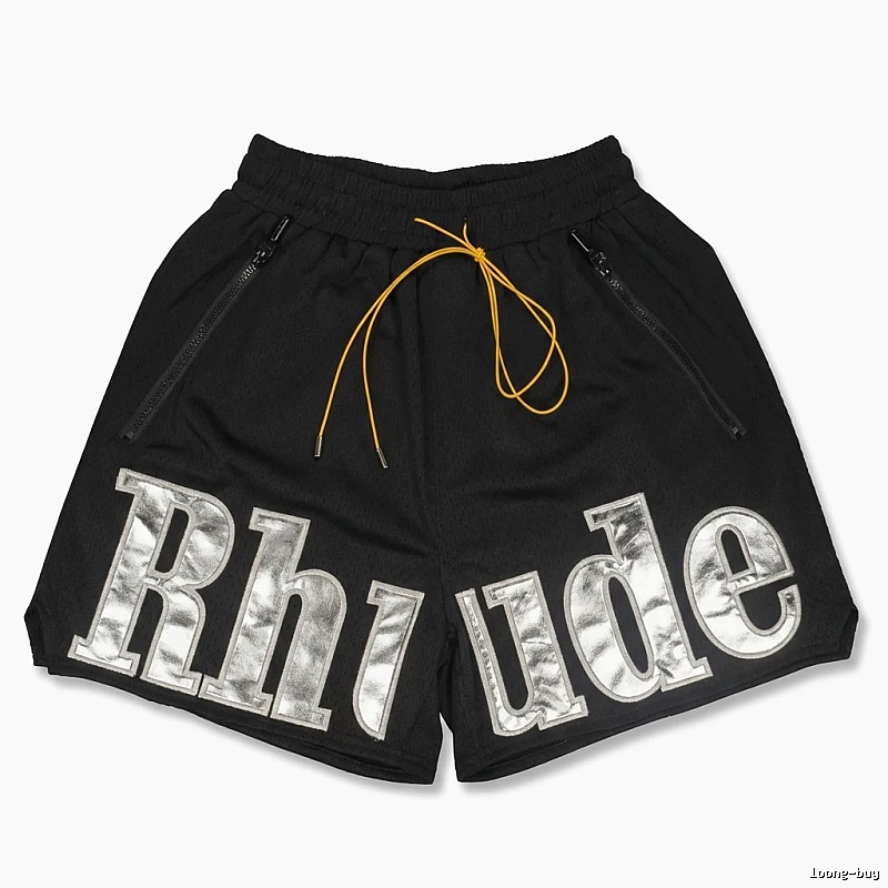 RHUDE letter-style black shorts