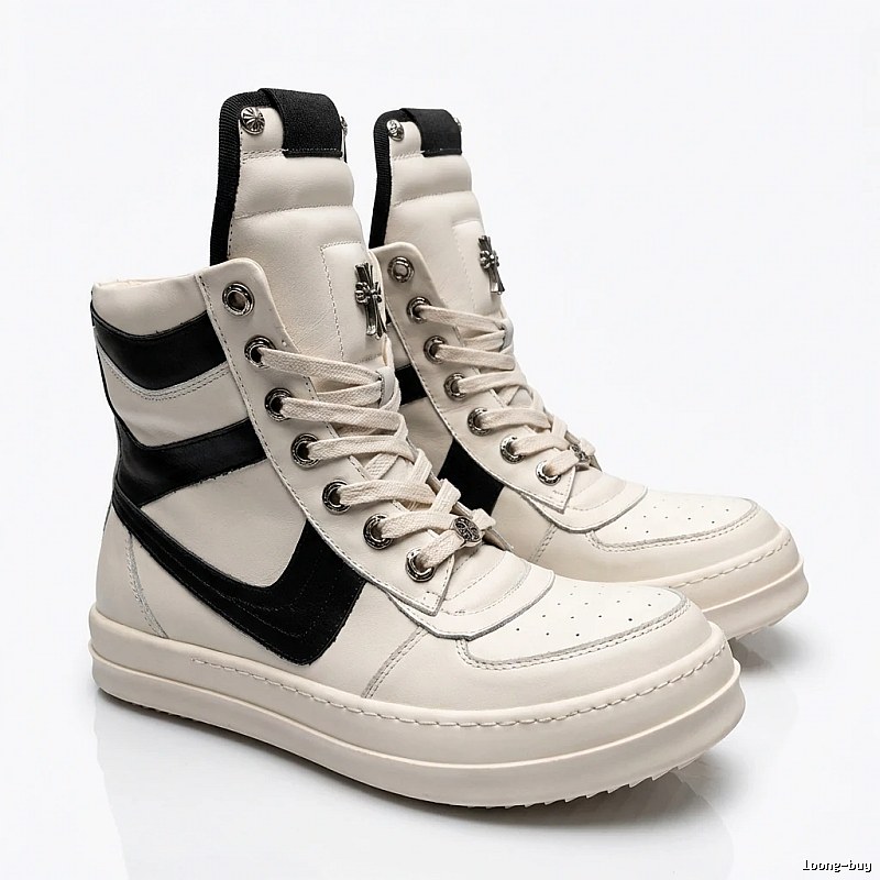 Rick Owens black and white spliced high-top shoes