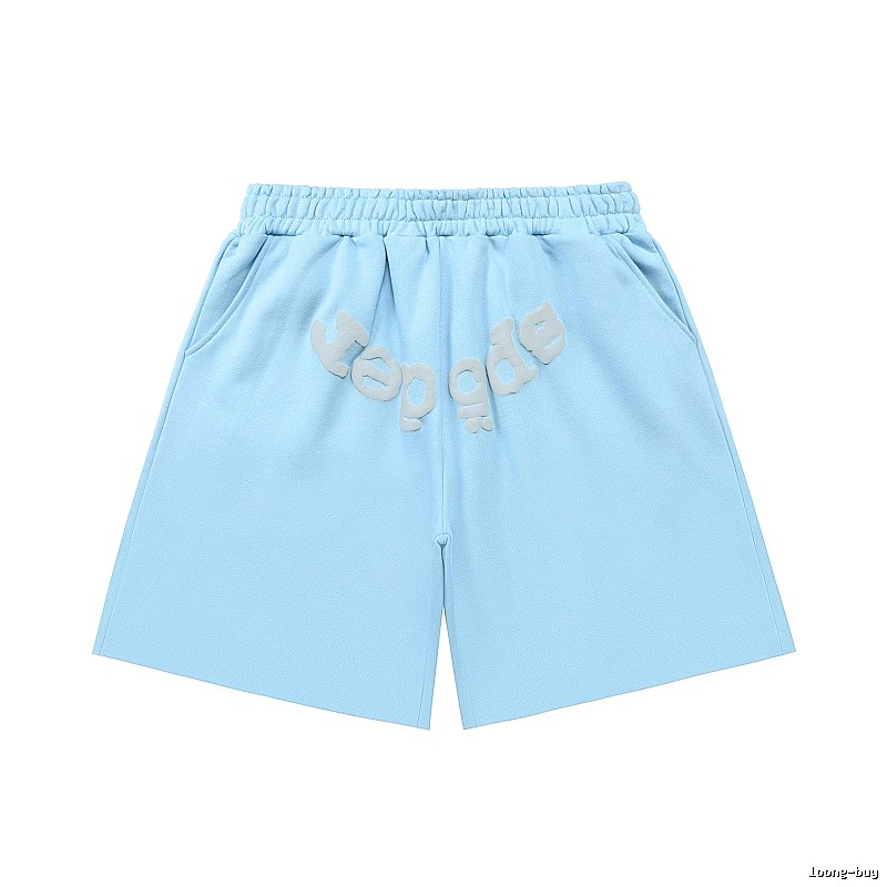 Sp5der letter-style light blue shorts