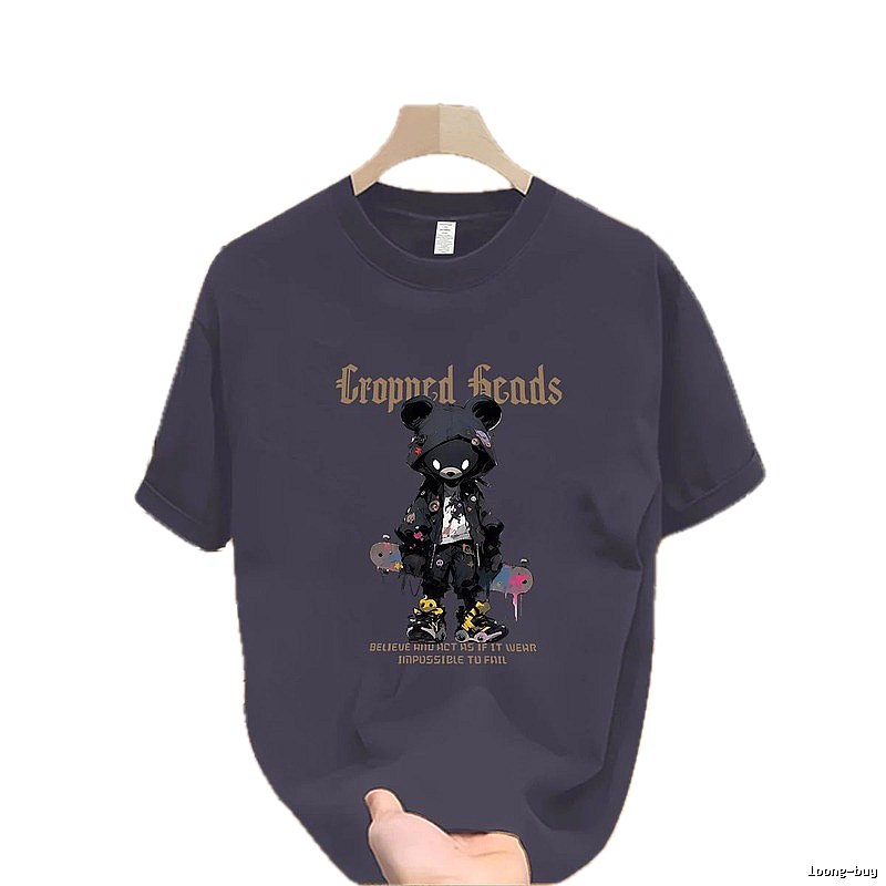 Streetwear Brand Dark Grey Street-style Short Sleeve T-shirt with Bear Print