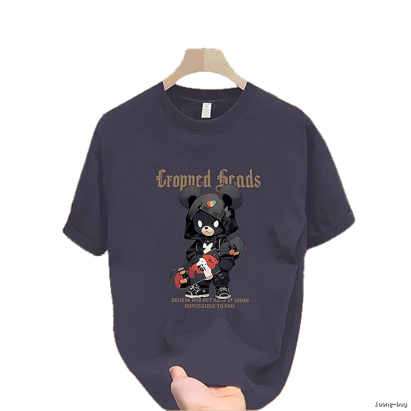 Streetwear Brand Skateboard Bear Street Style Dark Grey Printed T-Shirt