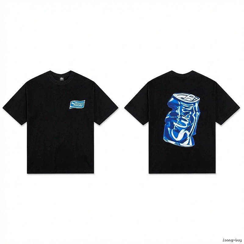 Stussy's black T-shirt with a can-style design