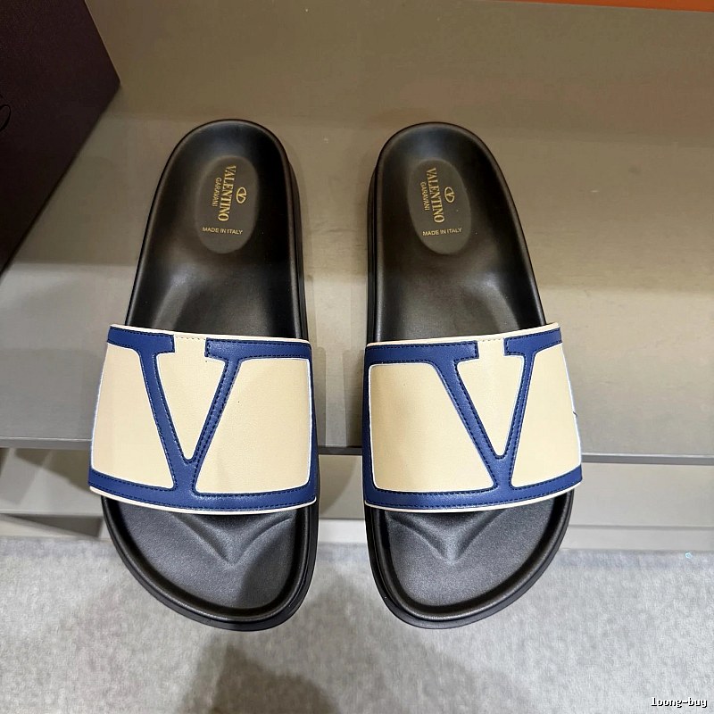 Valentino Big V Light Luxury Blue & Beige Color-block Slide Sandals