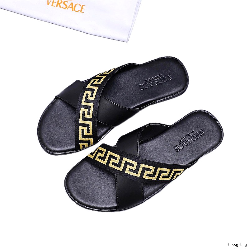 Versace Greek Key Luxury Style Black and Gold Slide Sandals
